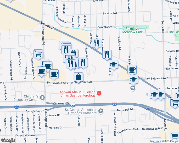 map of restaurants, bars, coffee shops, grocery stores, and more near 4030 Royer Road in Toledo