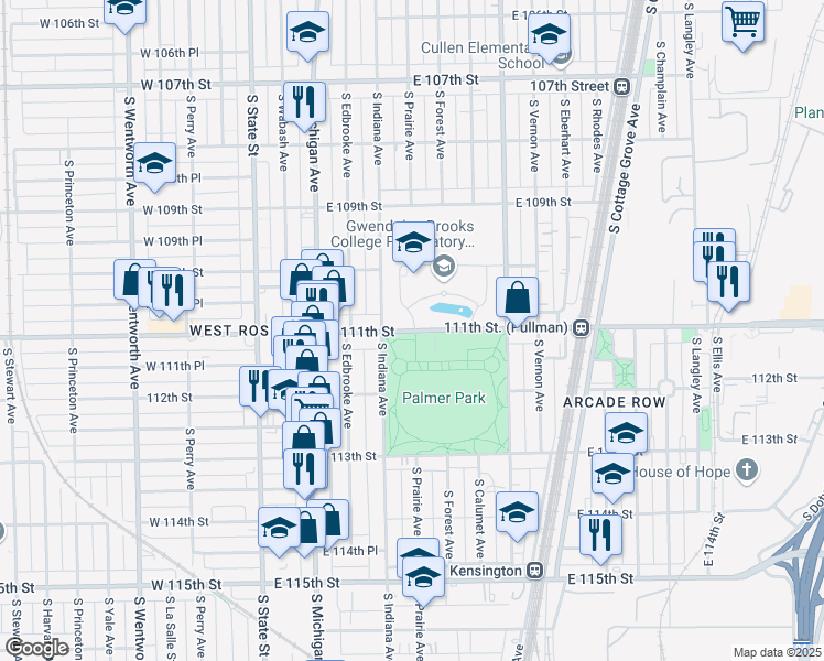 map of restaurants, bars, coffee shops, grocery stores, and more near 201 East 111th Street in Chicago