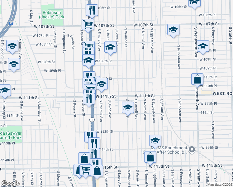 map of restaurants, bars, coffee shops, grocery stores, and more near 634 West 111th Street in Chicago