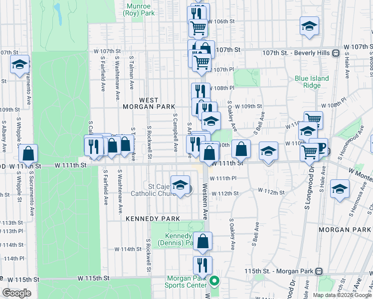 map of restaurants, bars, coffee shops, grocery stores, and more near 11021 South Artesian Avenue in Chicago