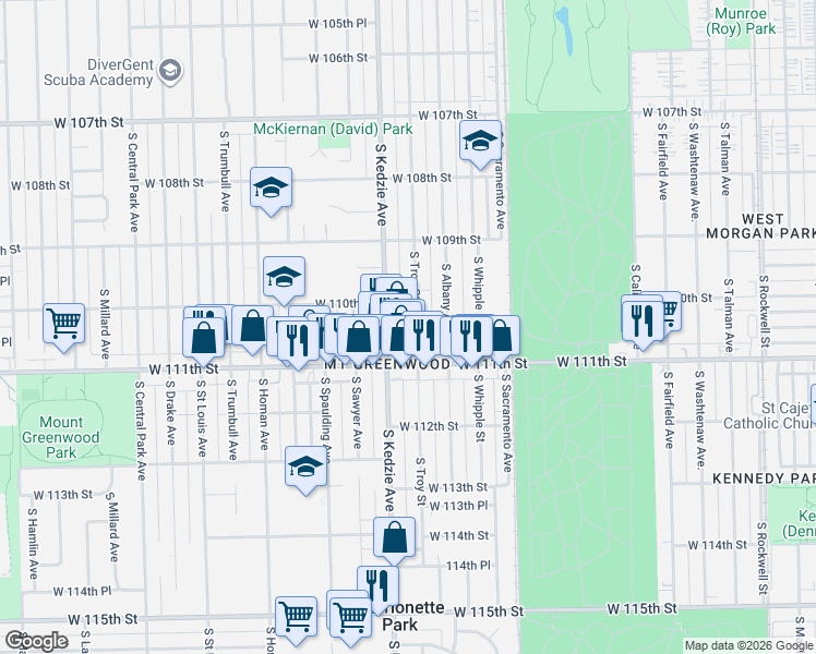map of restaurants, bars, coffee shops, grocery stores, and more near 11031 South Kedzie Avenue in Chicago
