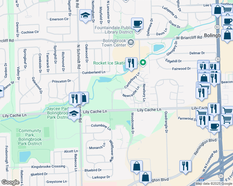 map of restaurants, bars, coffee shops, grocery stores, and more near 272 Canterbury Lane in Bolingbrook