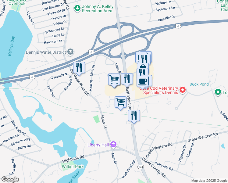 map of restaurants, bars, coffee shops, grocery stores, and more near 485 Massachusetts 134 in Dennis