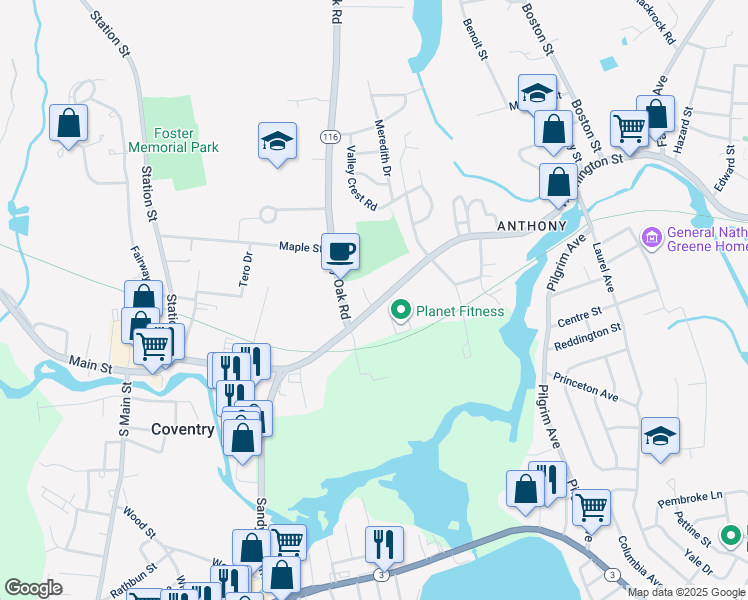 map of restaurants, bars, coffee shops, grocery stores, and more near 785 Washington Street in Coventry