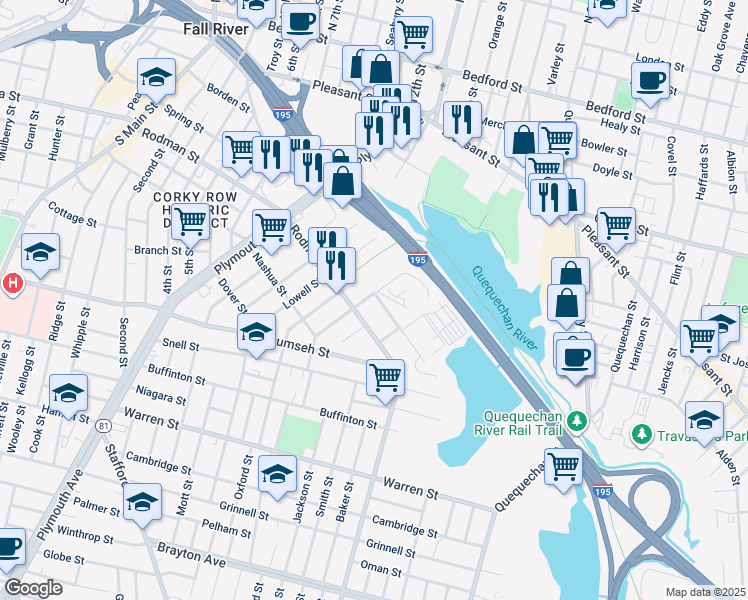 map of restaurants, bars, coffee shops, grocery stores, and more near 35 Lewiston Street in Fall River