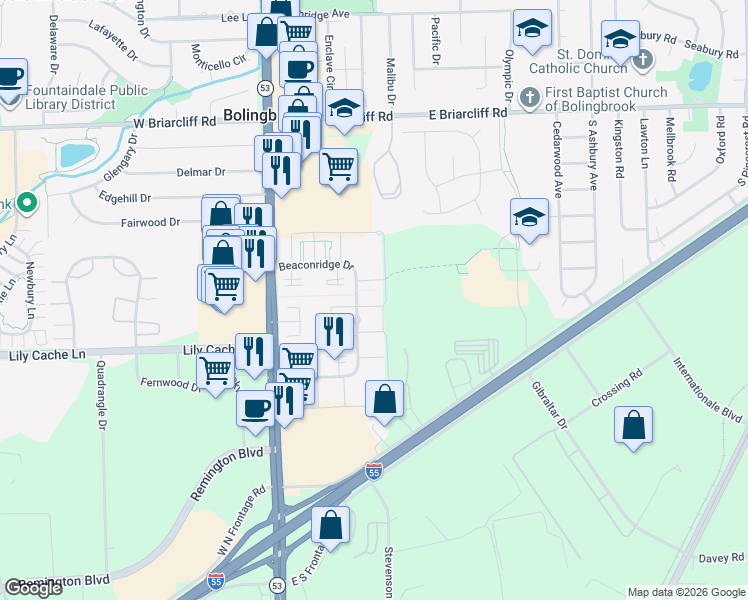 map of restaurants, bars, coffee shops, grocery stores, and more near 413 Standish Court in Bolingbrook