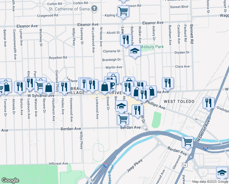 map of restaurants, bars, coffee shops, grocery stores, and more near 1108 West Sylvania Avenue in Toledo