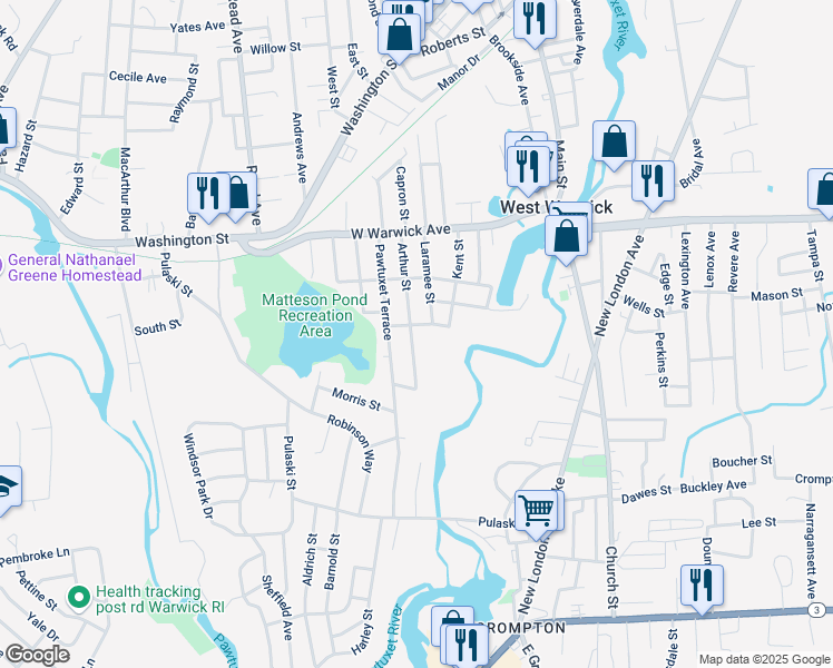 map of restaurants, bars, coffee shops, grocery stores, and more near 39 Arthur Street in West Warwick