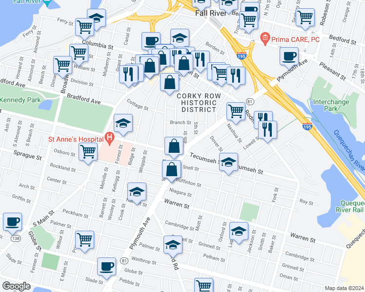 map of restaurants, bars, coffee shops, grocery stores, and more near 591 4th Street in Fall River