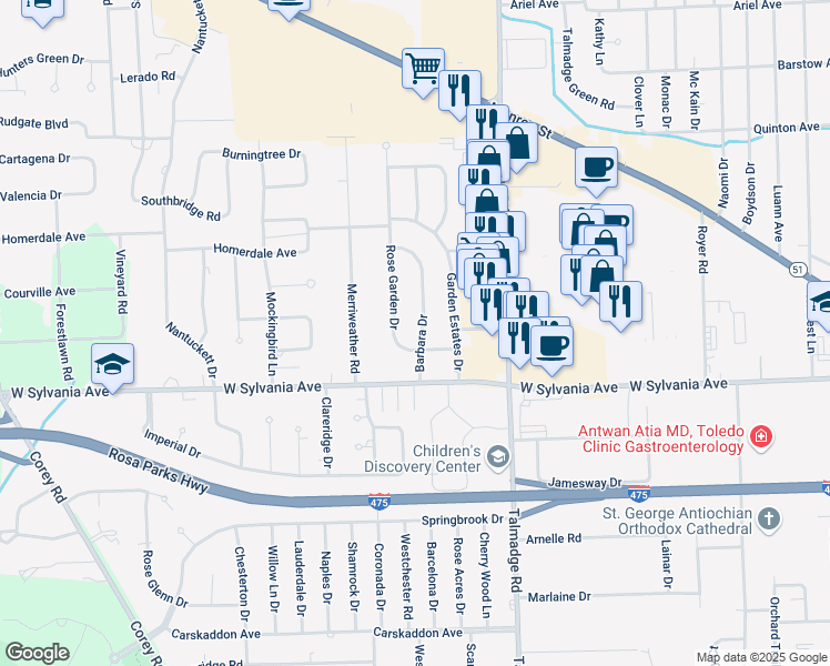 map of restaurants, bars, coffee shops, grocery stores, and more near 4102 Rose Garden Drive in Toledo