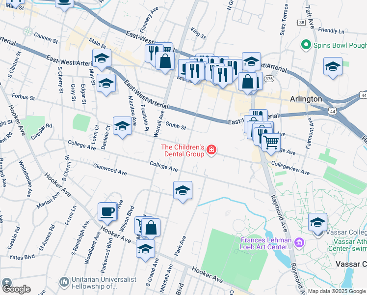 map of restaurants, bars, coffee shops, grocery stores, and more near 53 South Grand Avenue in Poughkeepsie