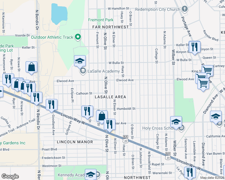 map of restaurants, bars, coffee shops, grocery stores, and more near 1321 North Elmer Street in South Bend
