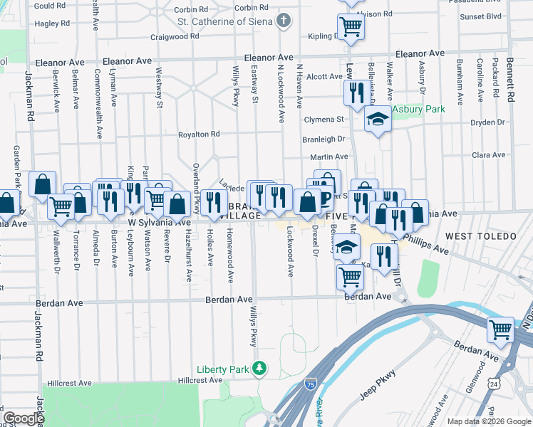 map of restaurants, bars, coffee shops, grocery stores, and more near 1220 West Sylvania Avenue in Toledo