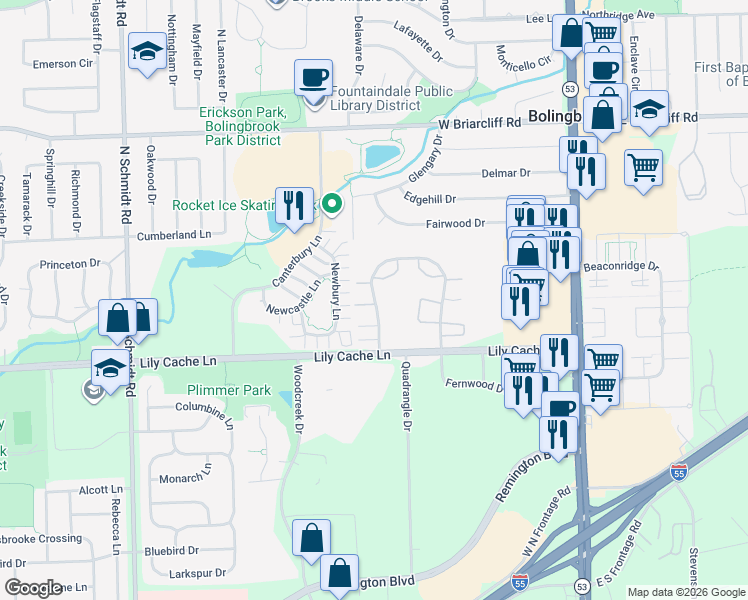 map of restaurants, bars, coffee shops, grocery stores, and more near 9 Fernwood Drive in Bolingbrook