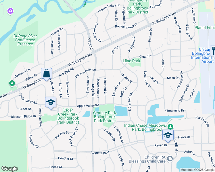 map of restaurants, bars, coffee shops, grocery stores, and more near 174 Chestnut Lane in Bolingbrook