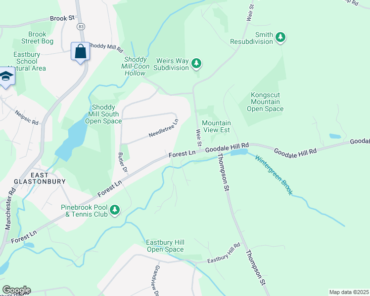 map of restaurants, bars, coffee shops, grocery stores, and more near 383 Forest Lane in Glastonbury