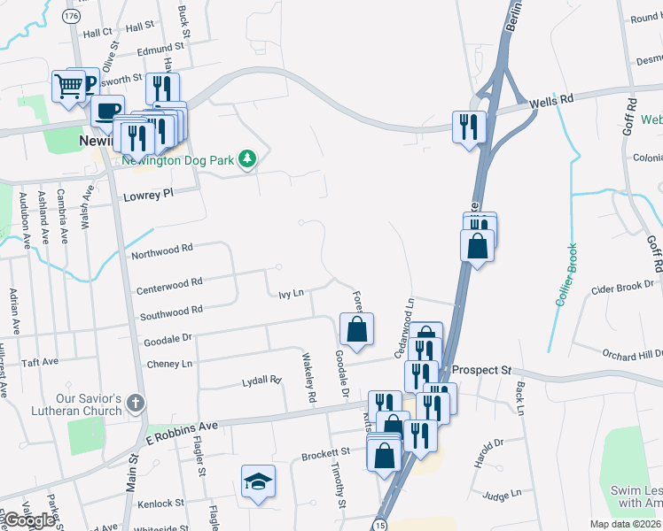 map of restaurants, bars, coffee shops, grocery stores, and more near 106 Forest Drive in Newington