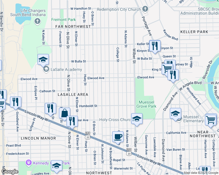 map of restaurants, bars, coffee shops, grocery stores, and more near 1337 North Brookfield Street in South Bend