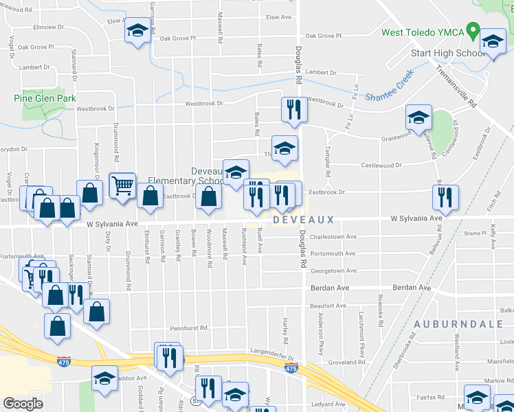 map of restaurants, bars, coffee shops, grocery stores, and more near 2600 West Sylvania Avenue in Toledo