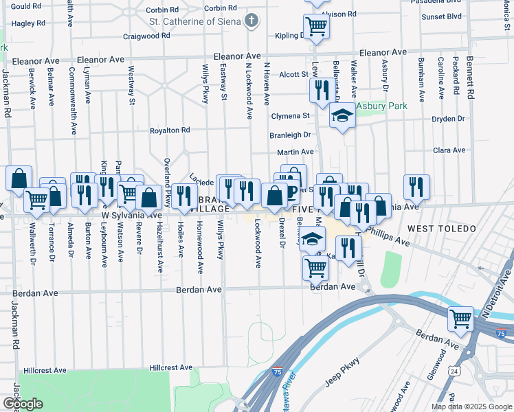 map of restaurants, bars, coffee shops, grocery stores, and more near 1176 West Sylvania Avenue in Toledo