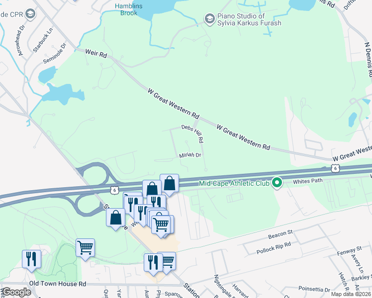 map of restaurants, bars, coffee shops, grocery stores, and more near 2 Thistle Circle in Yarmouth