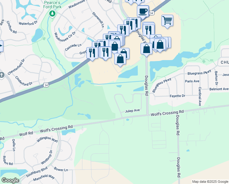 map of restaurants, bars, coffee shops, grocery stores, and more near 127 Bluegrass Parkway in Oswego