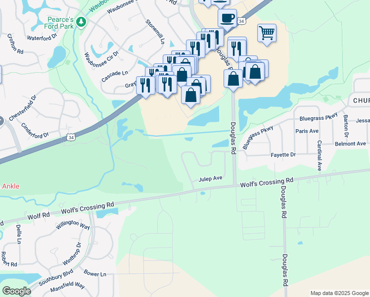 map of restaurants, bars, coffee shops, grocery stores, and more near 127 Bluegrass Parkway in Oswego