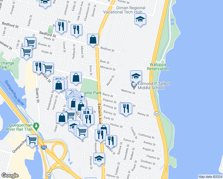 map of restaurants, bars, coffee shops, grocery stores, and more near 8 Concord Street in Fall River