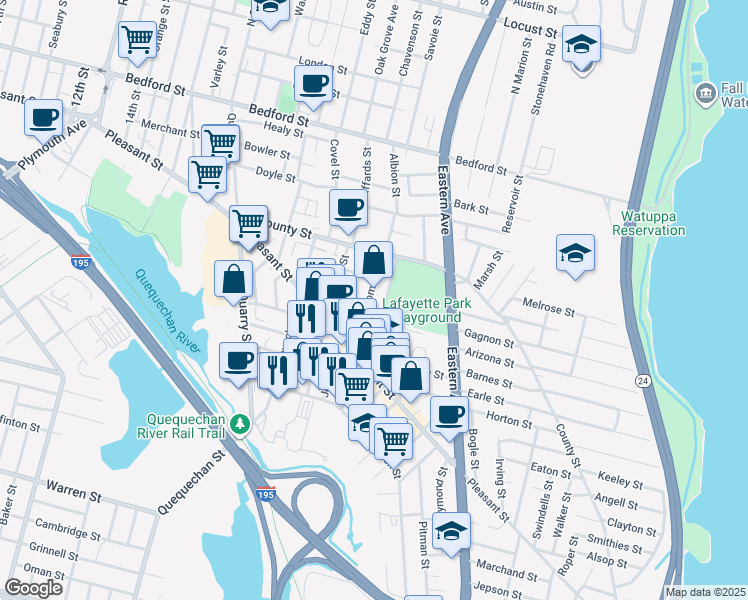 map of restaurants, bars, coffee shops, grocery stores, and more near 139 Thomas Street in Fall River