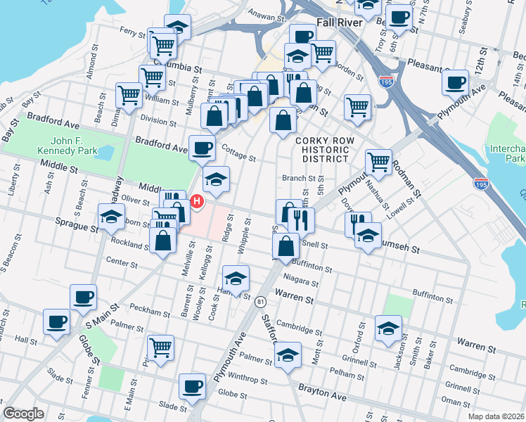 map of restaurants, bars, coffee shops, grocery stores, and more near 1017 Middle Street in Fall River