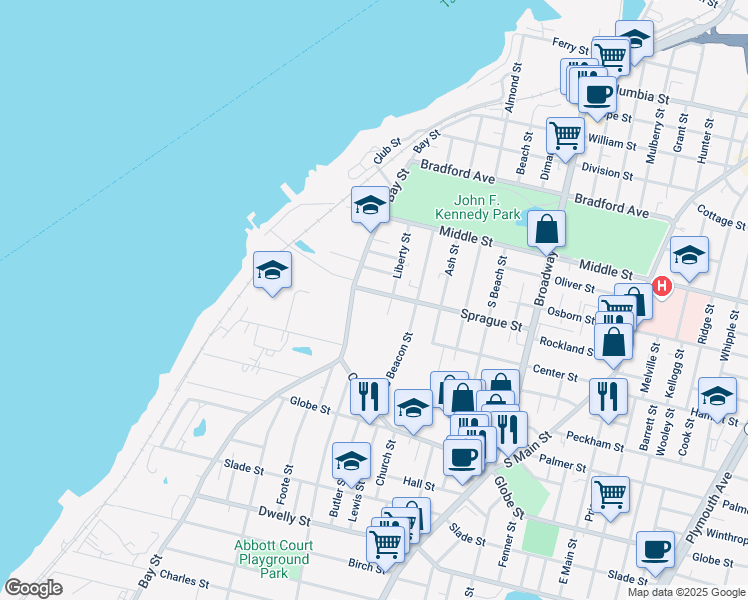 map of restaurants, bars, coffee shops, grocery stores, and more near 566 Bay Street in Fall River