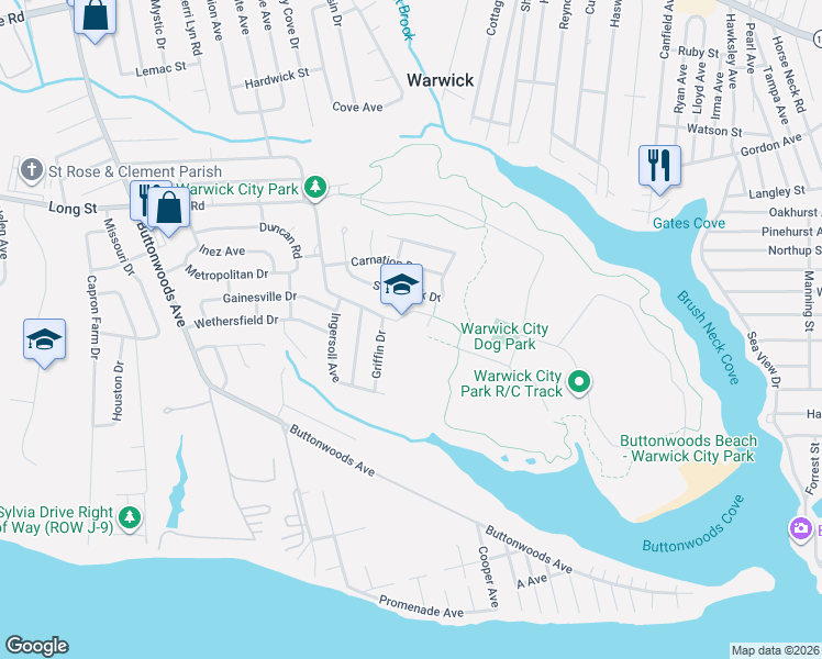 map of restaurants, bars, coffee shops, grocery stores, and more near 14 Griffin Drive in Warwick