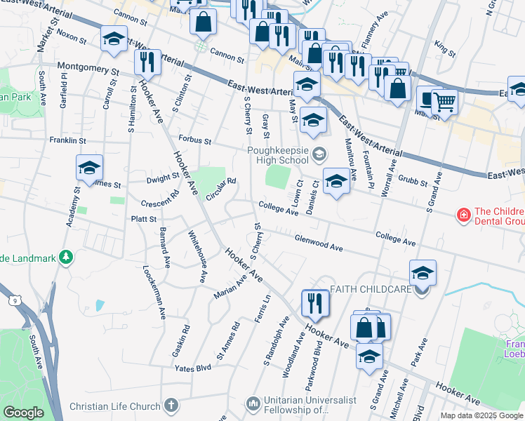 map of restaurants, bars, coffee shops, grocery stores, and more near 8 College Avenue in Poughkeepsie