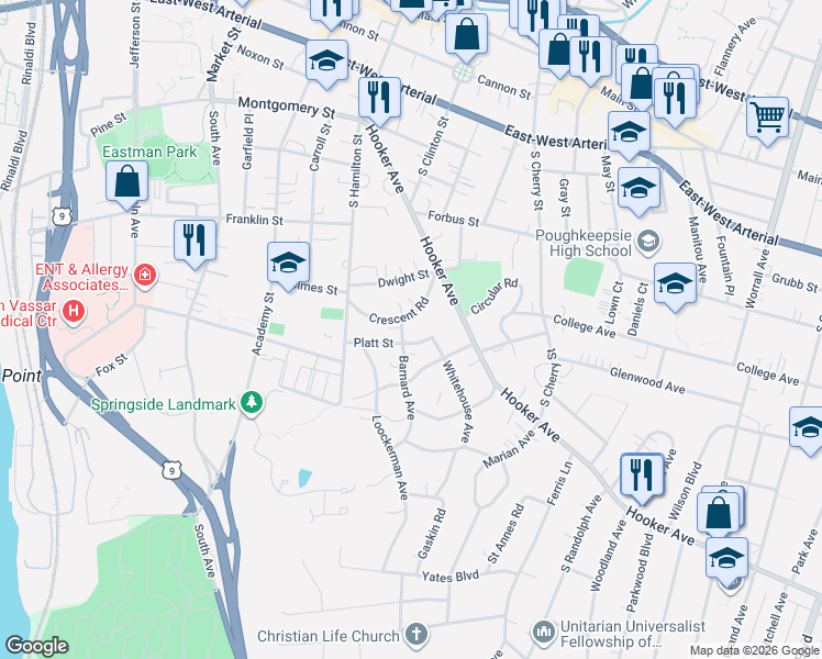 map of restaurants, bars, coffee shops, grocery stores, and more near 6 Platt Street in Poughkeepsie