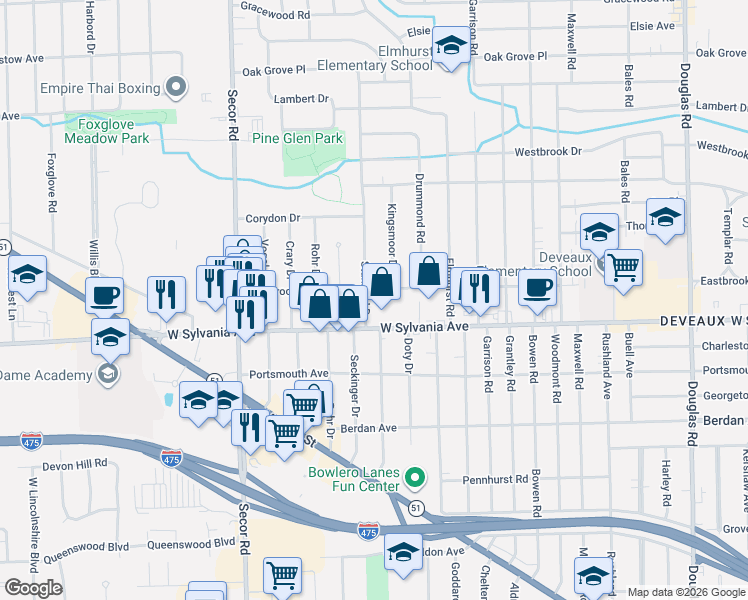 map of restaurants, bars, coffee shops, grocery stores, and more near 4020 Stannard Drive in Toledo