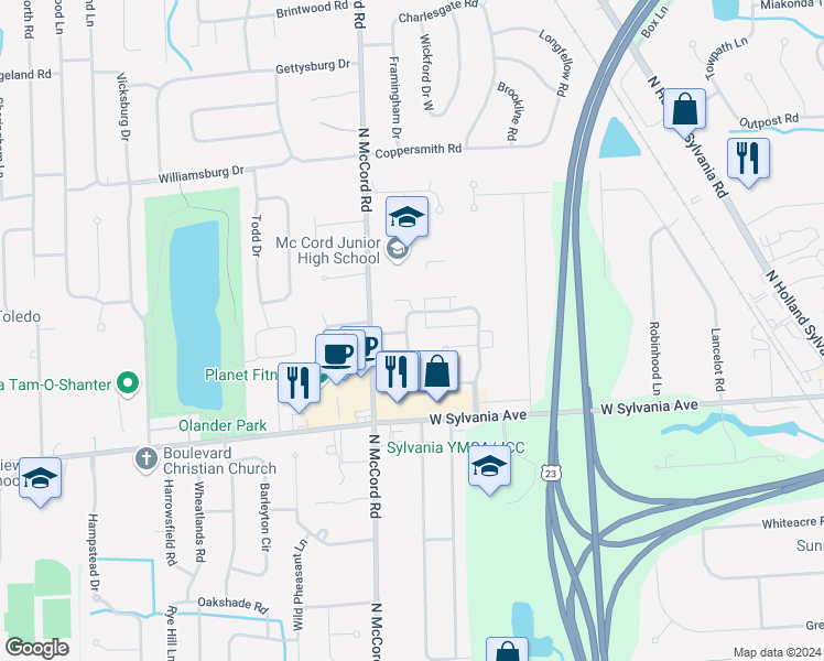 map of restaurants, bars, coffee shops, grocery stores, and more near 6556 Abbey Run in Sylvania