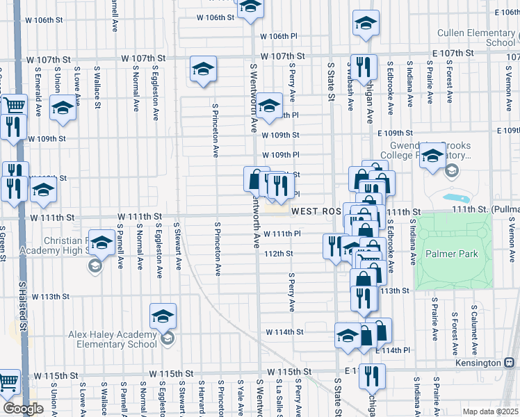 map of restaurants, bars, coffee shops, grocery stores, and more near 121 West 111th Street in Chicago