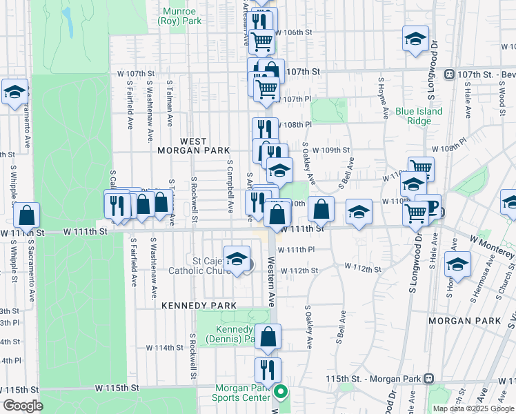 map of restaurants, bars, coffee shops, grocery stores, and more near 11021 South Artesian Avenue in Chicago