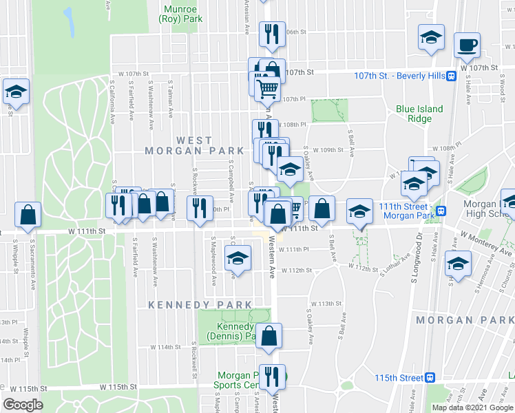 map of restaurants, bars, coffee shops, grocery stores, and more near 11021 South Artesian Avenue in Chicago