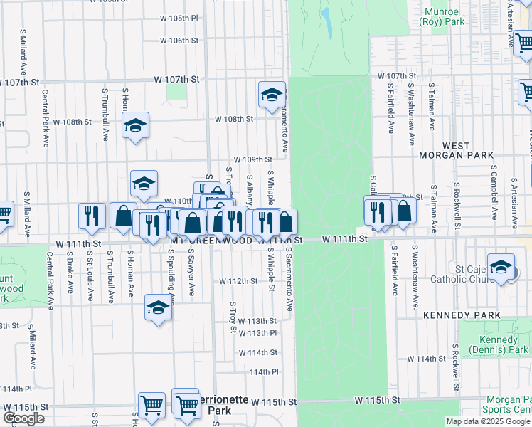 map of restaurants, bars, coffee shops, grocery stores, and more near 11018 South Whipple Street in Chicago