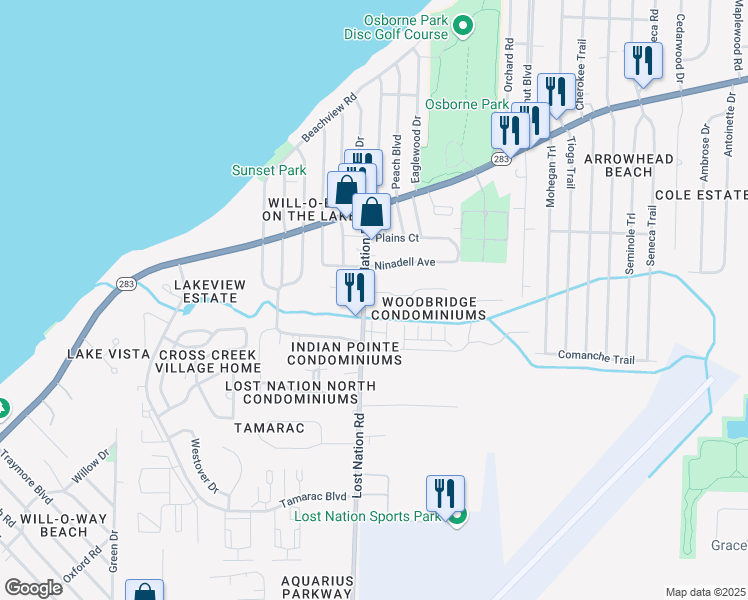 map of restaurants, bars, coffee shops, grocery stores, and more near 1225 Lost Nation Road in Willoughby
