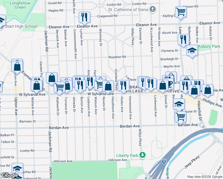 map of restaurants, bars, coffee shops, grocery stores, and more near 1396 West Sylvania Avenue in Toledo