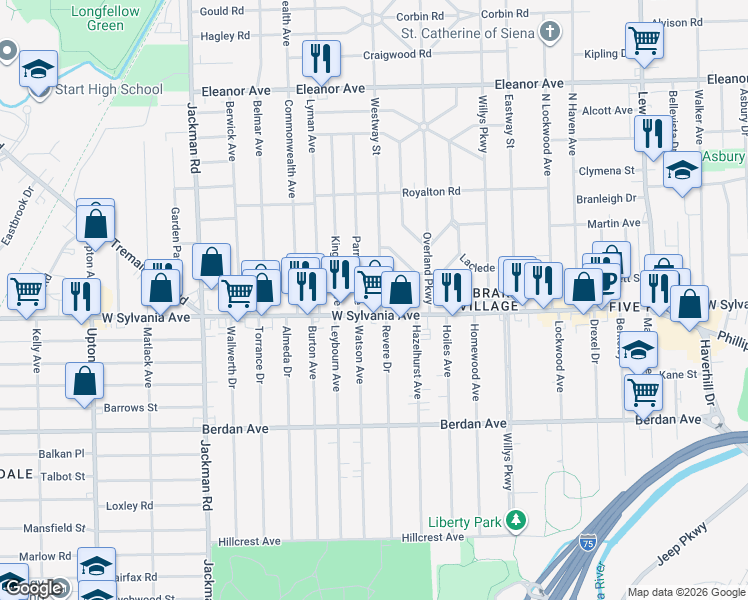 map of restaurants, bars, coffee shops, grocery stores, and more near 1434 West Sylvania Avenue in Toledo