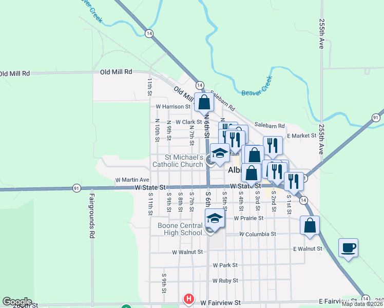 map of restaurants, bars, coffee shops, grocery stores, and more near 100 South 7th Street in Albion