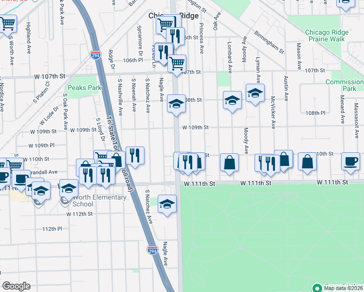 map of restaurants, bars, coffee shops, grocery stores, and more near 10949 Ridgeland Avenue in Chicago Ridge