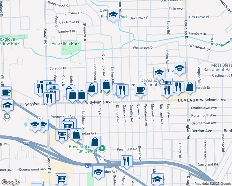 map of restaurants, bars, coffee shops, grocery stores, and more near 4017 Garrison Road in Toledo