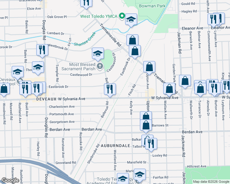 map of restaurants, bars, coffee shops, grocery stores, and more near 4020 Bellevue Road in Toledo