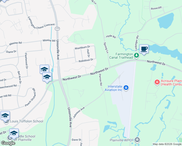 map of restaurants, bars, coffee shops, grocery stores, and more near 69 Northwest Drive in Plainville