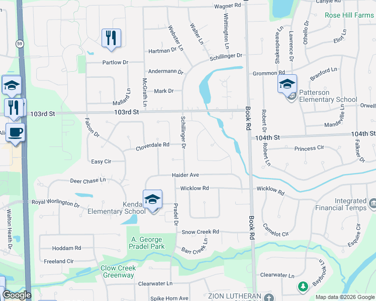 map of restaurants, bars, coffee shops, grocery stores, and more near 4116 Schillinger Drive in Naperville