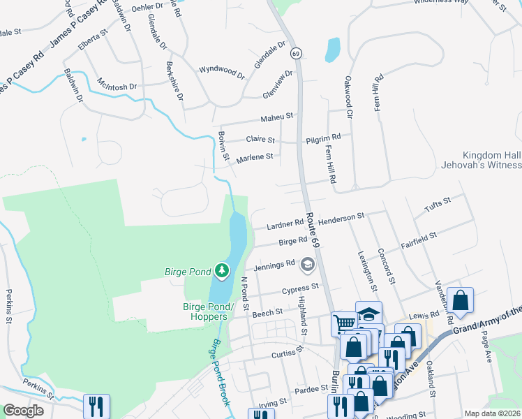 map of restaurants, bars, coffee shops, grocery stores, and more near 220 North Pond Street in Bristol